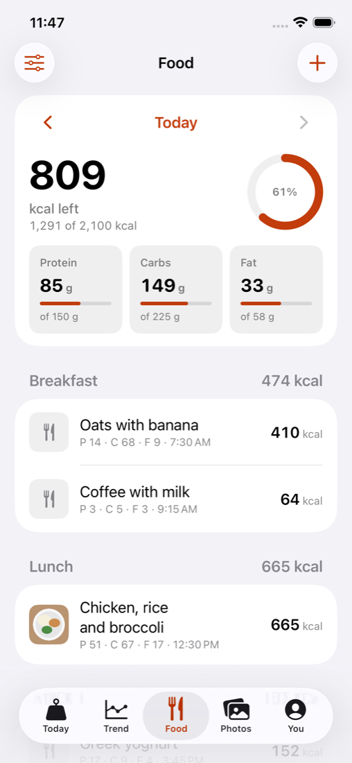 The Food tab: 809 kcal left of a 2,100 kcal target, protein, carbs and fat against their targets, and the day's meals listed under Breakfast and Lunch.